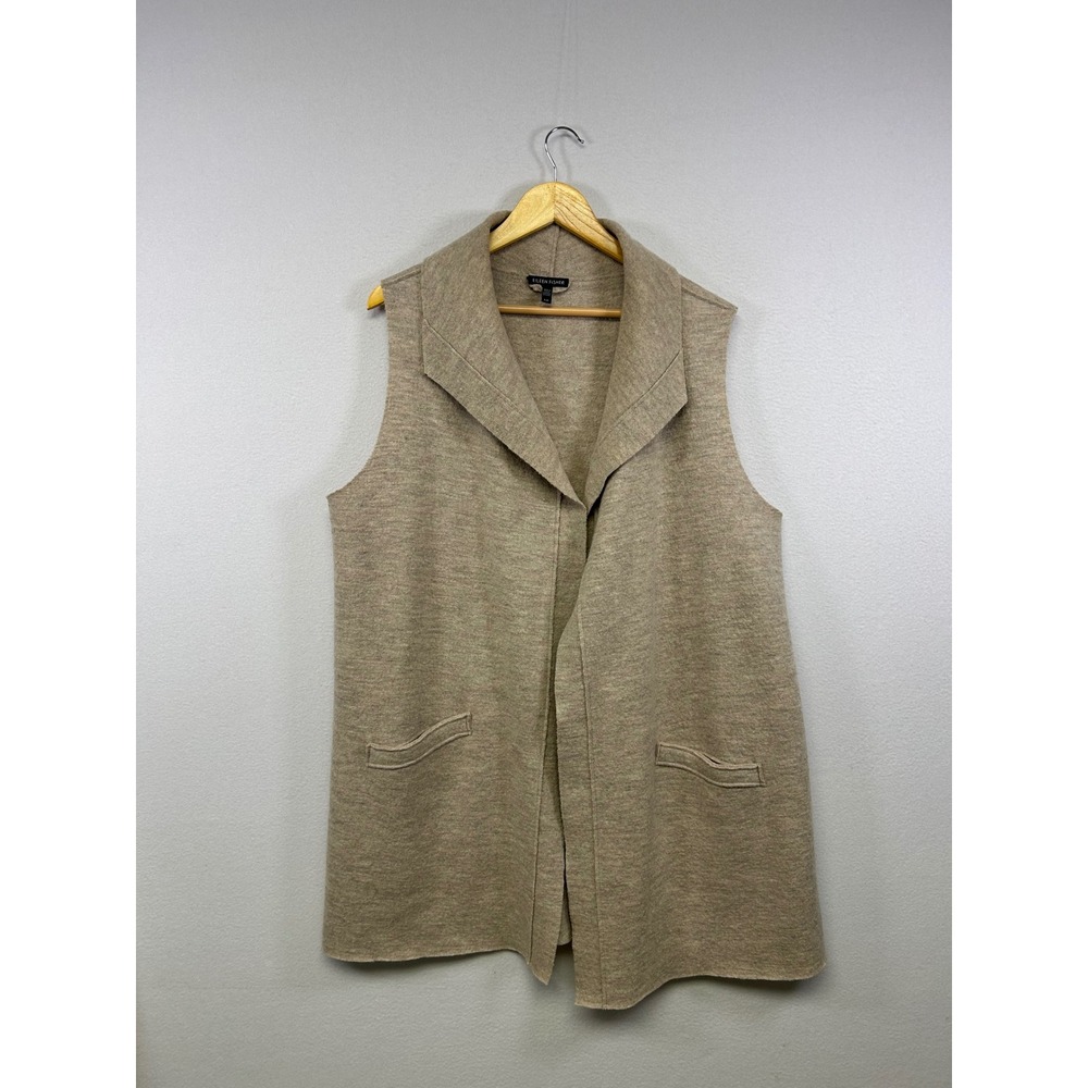 Minimalist Eileen Fisher Womens Large Tan 100% Wool Open Front Longline Vest L/G